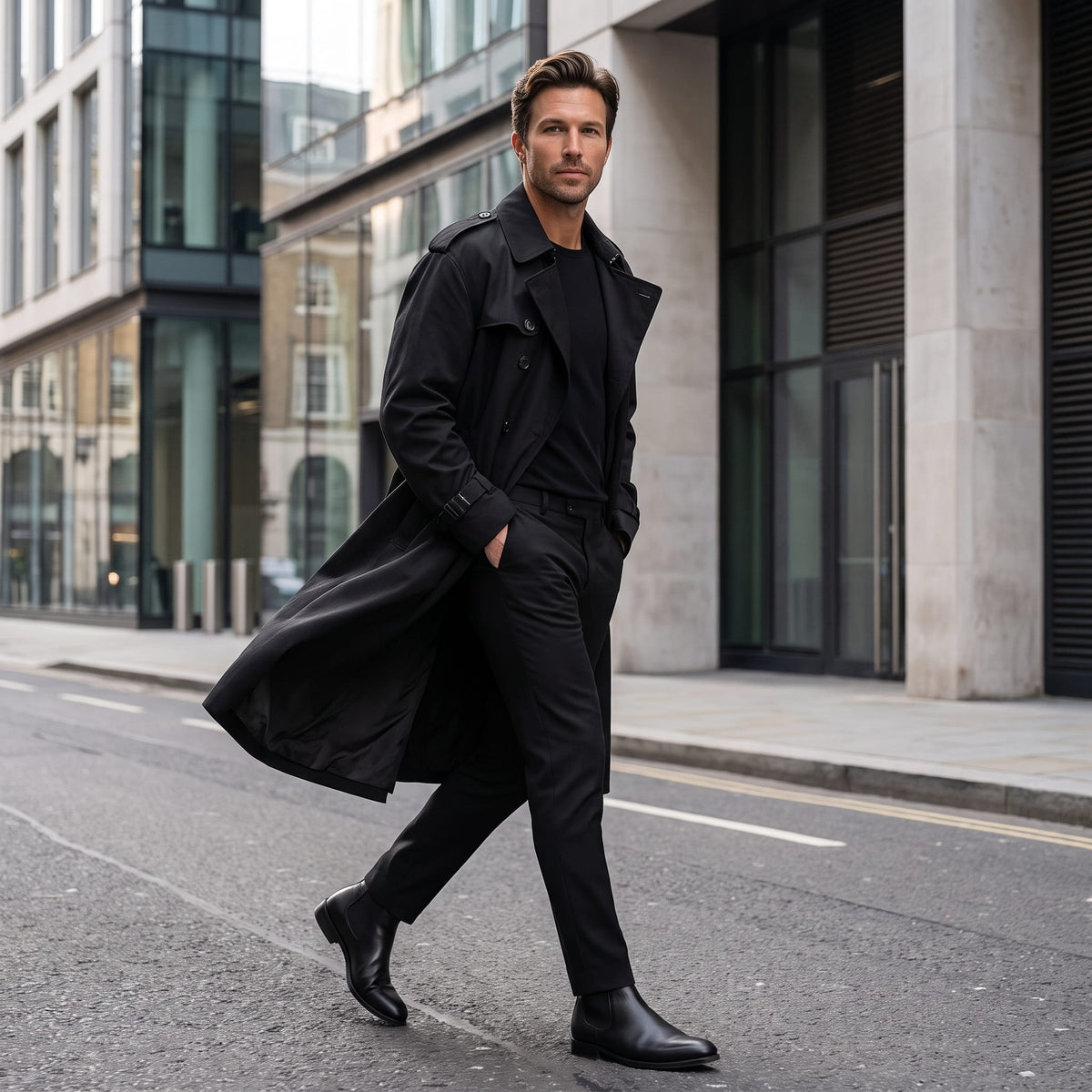 A man wearing a black long trench coat with a double-breasted front and waist belt, walking on a city street