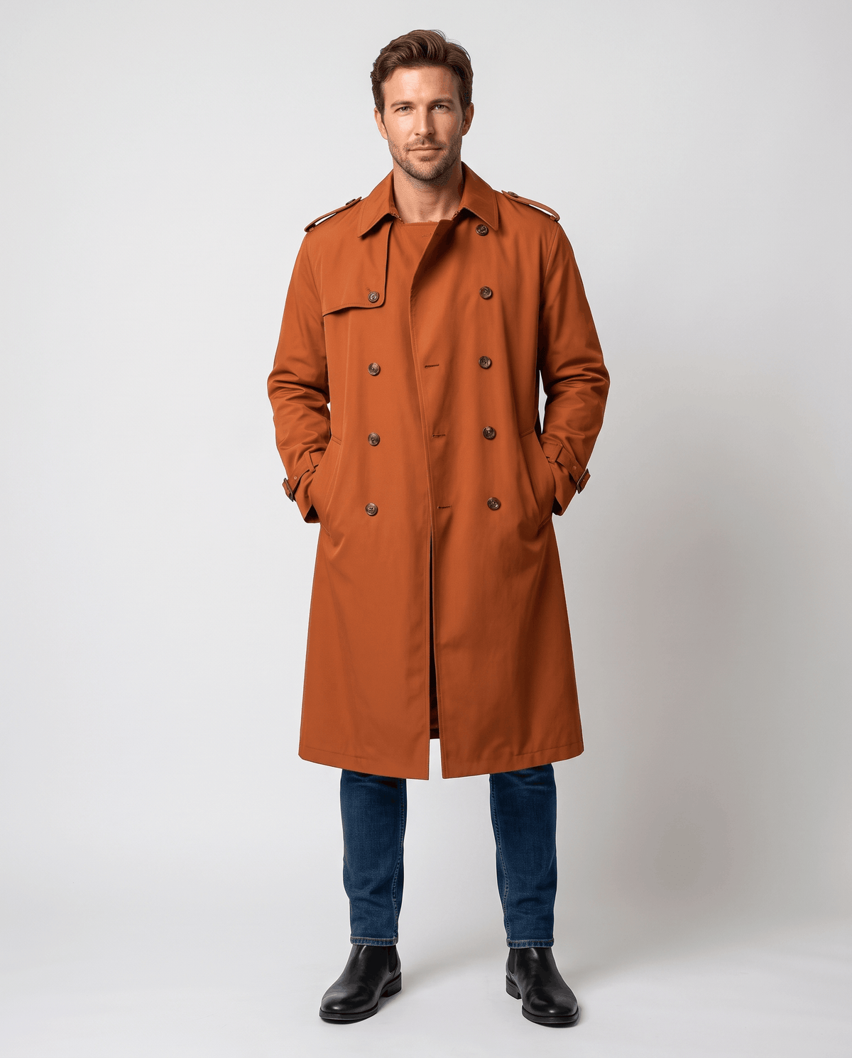 A man wearing an orange long trench coat with a double-breasted front and waist belt