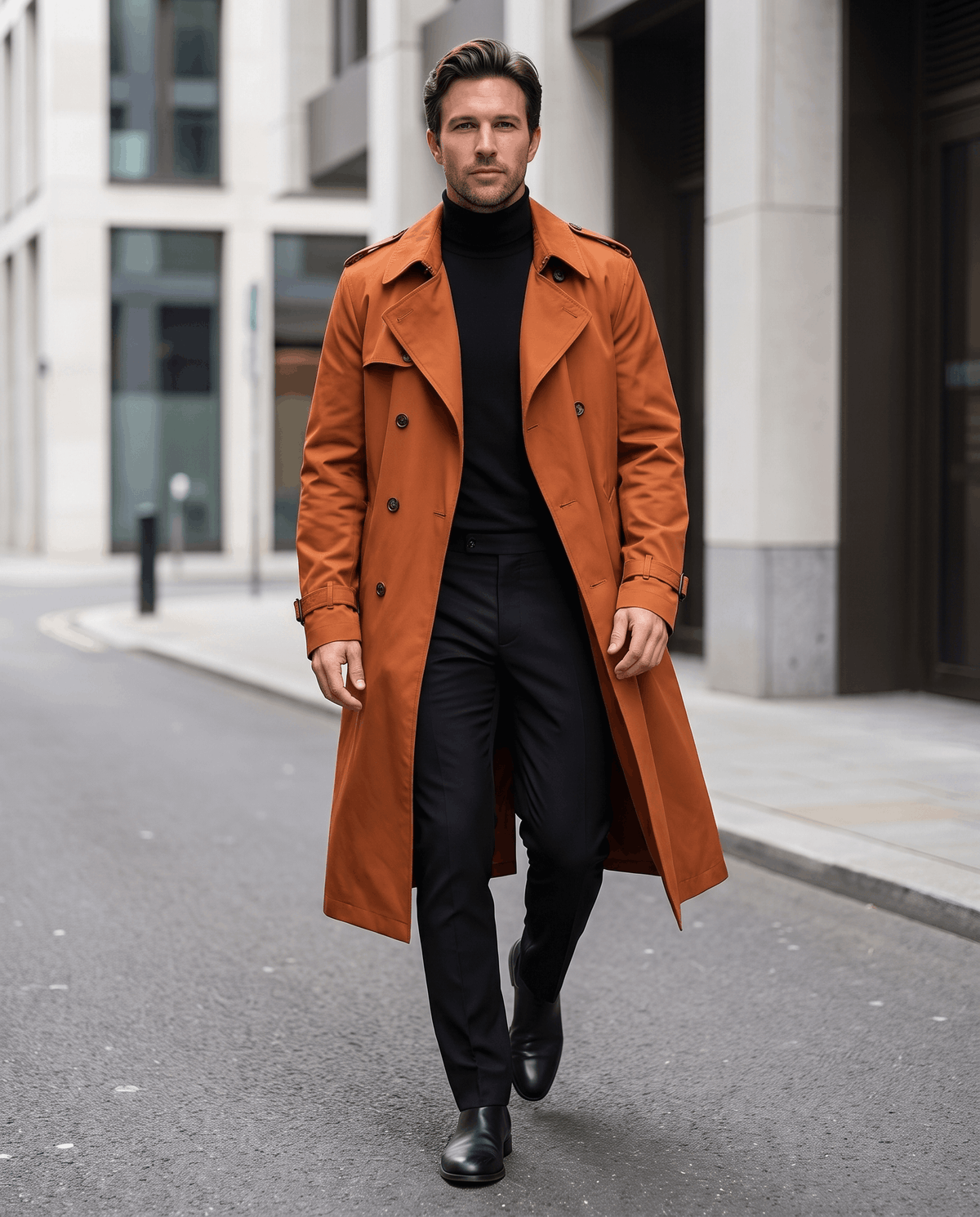 A man wearing an orange long trench coat with a double-breasted front and waist belt, walking on a city street