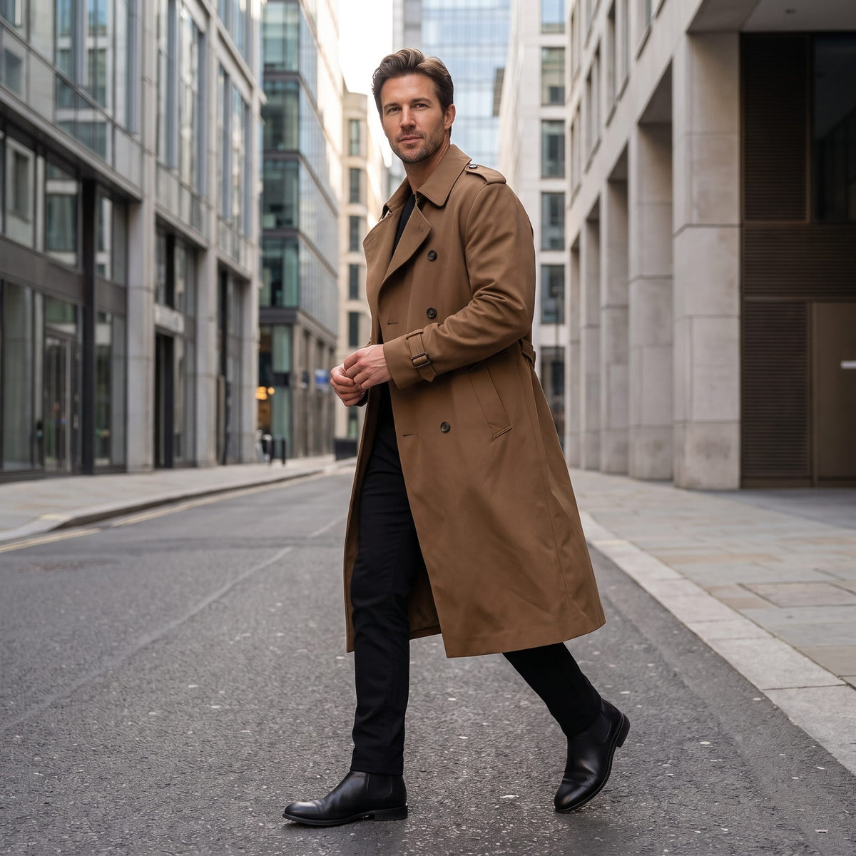 A man wearing a long brown trench coat with a double-breasted front and waist belt, walking on a city street