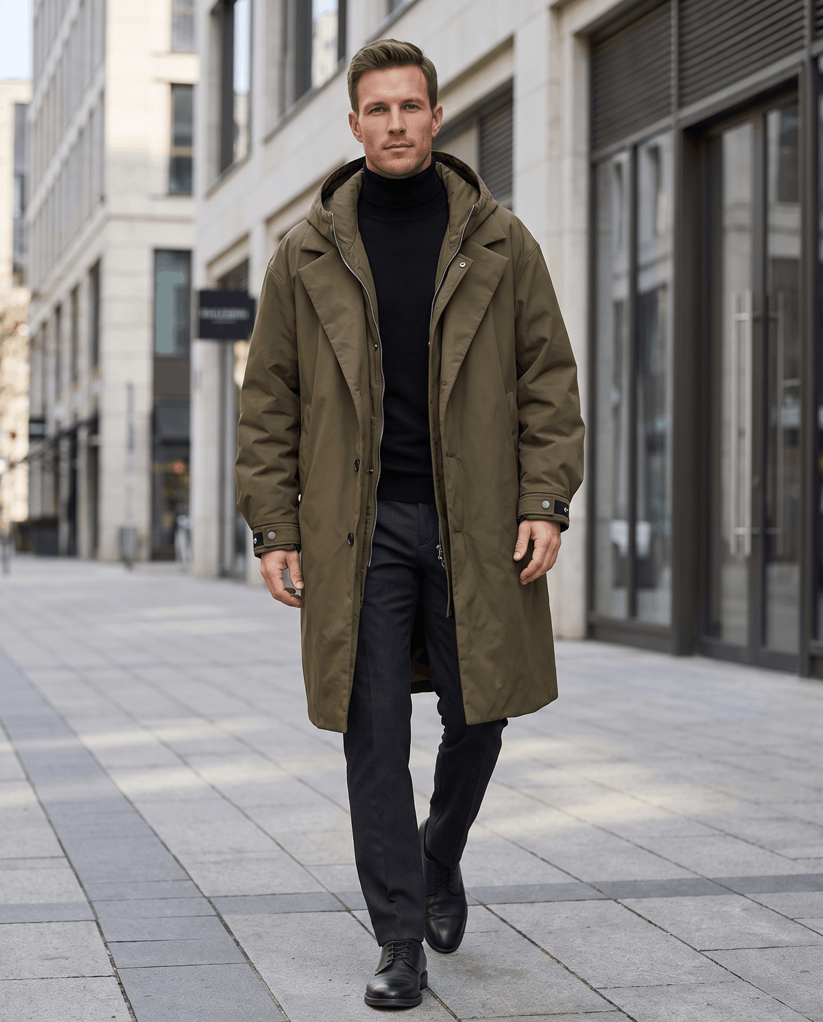 A man wearing a longline olive green trench coat with a hood, walking on a city street