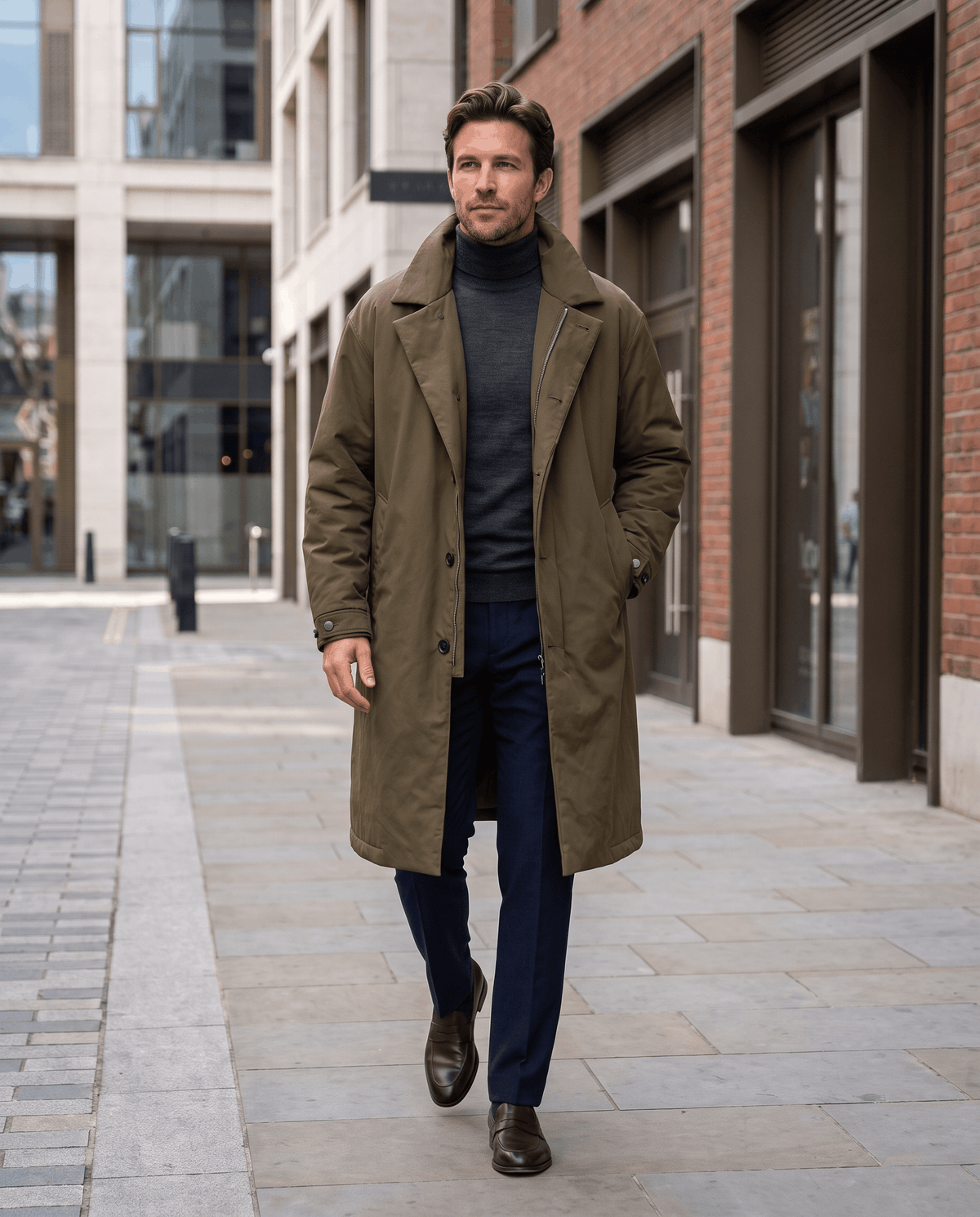 A man wearing a longline olive green hooded trench coat, walking outdoors on a city street