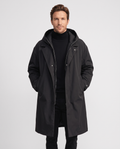 Black hooded long coat with notched lapels, zip closure, and front pockets worn by a male model
