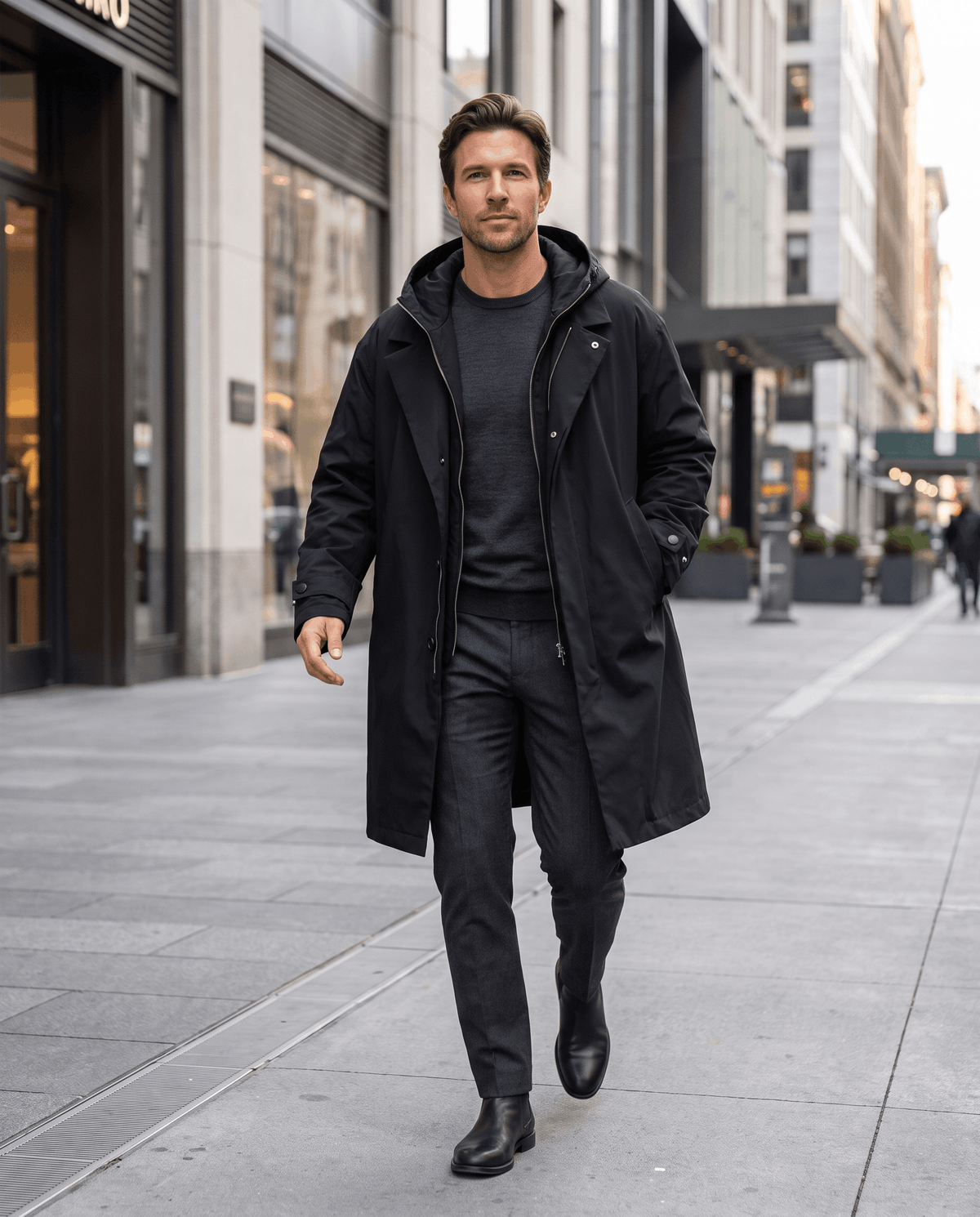 A man wearing a longline black trench coat with a hood, walking on a city street