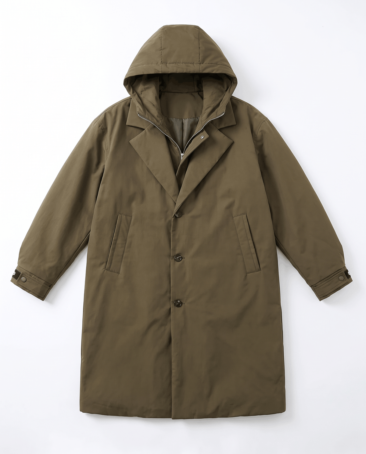A longline olive green hooded trench coat with a weather-resistant design and full-length coverage, shown flat