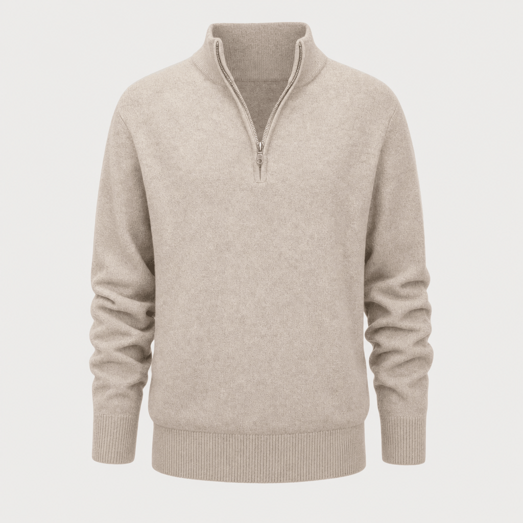 Taupe ribbed half-zip sweater displayed on its own against a light background.