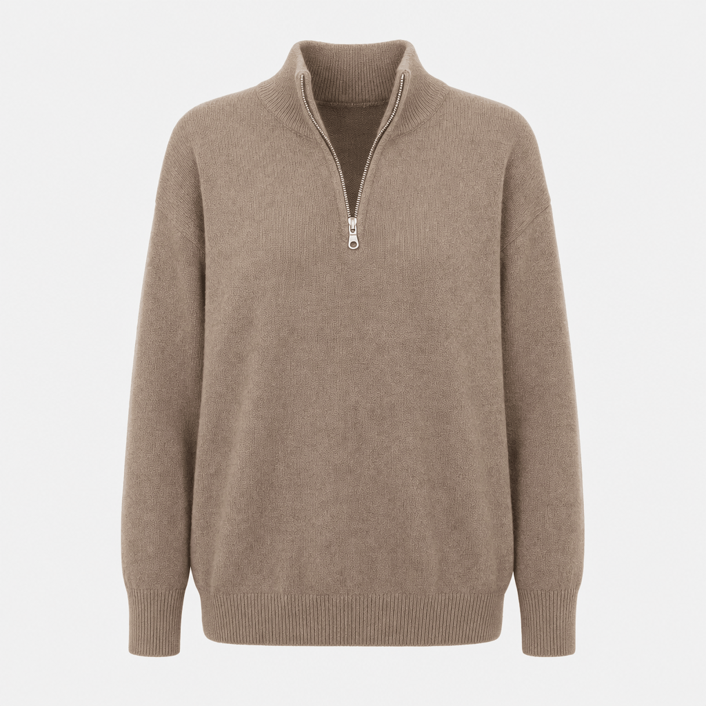 Taupe ribbed half-zip sweater displayed on its own against a light background.