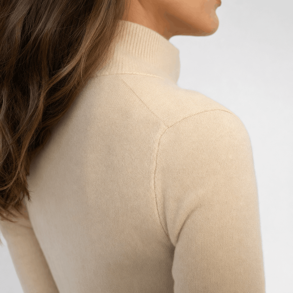 Back close-up showing the raised collar and ribbed knit texture of the cream sweater.