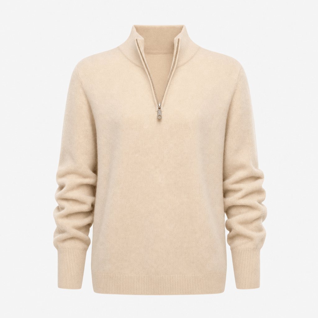 Cream ribbed half-zip sweater displayed on its own against a light background.