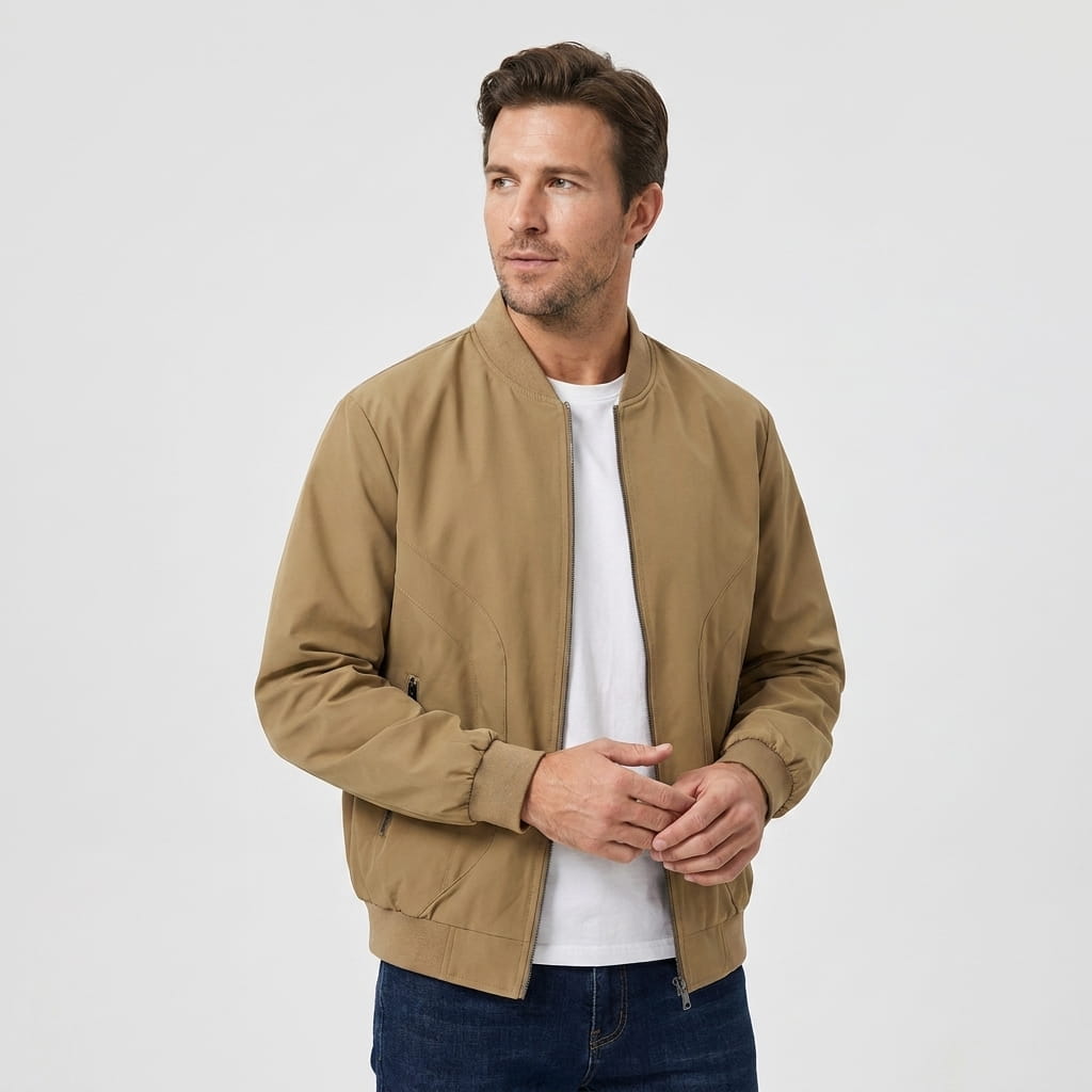 Male model wearing a tan bomber jacket over a white T-shirt and blue jeans.