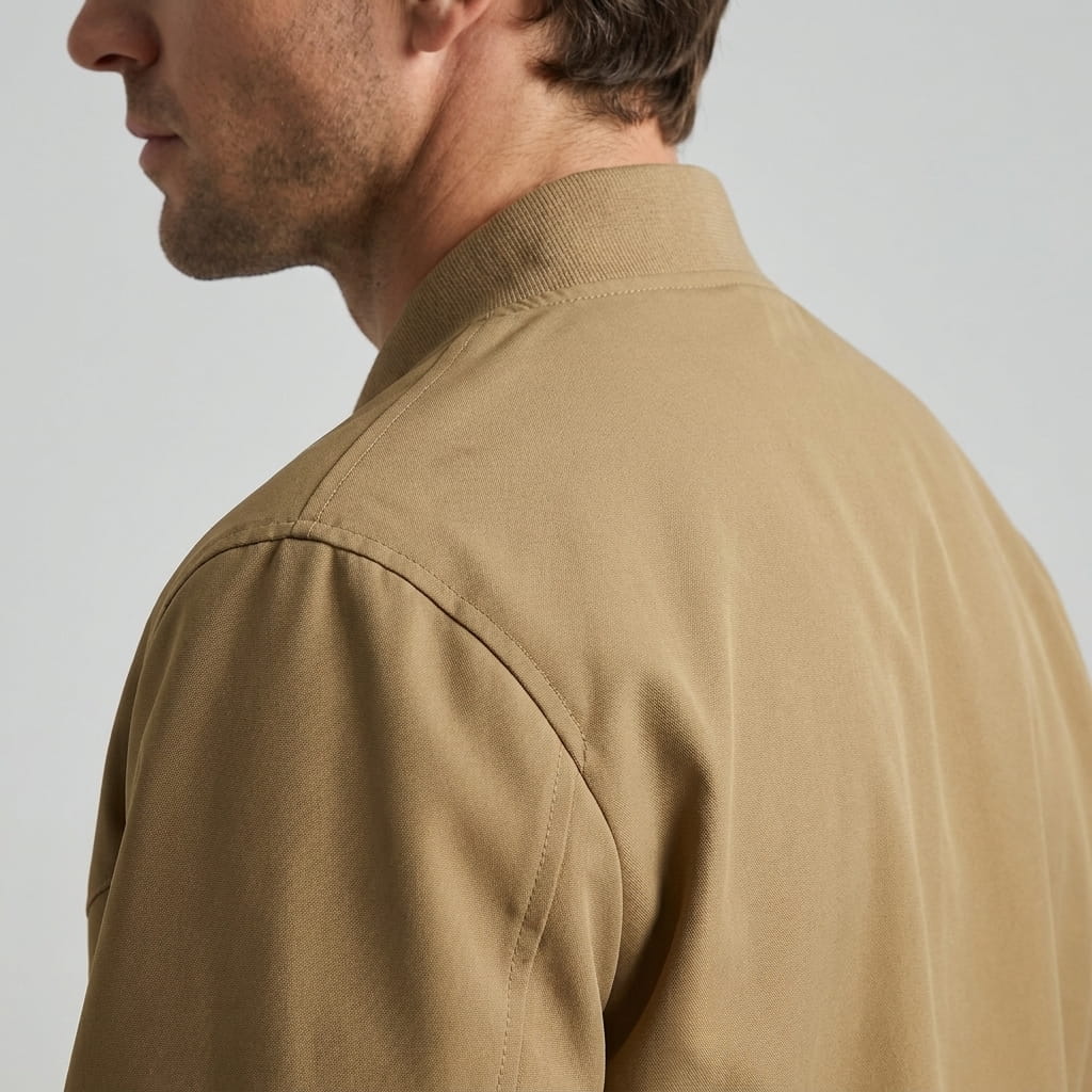 Side and back view of the tan bomber jacket, showing the collar and shoulder seams.