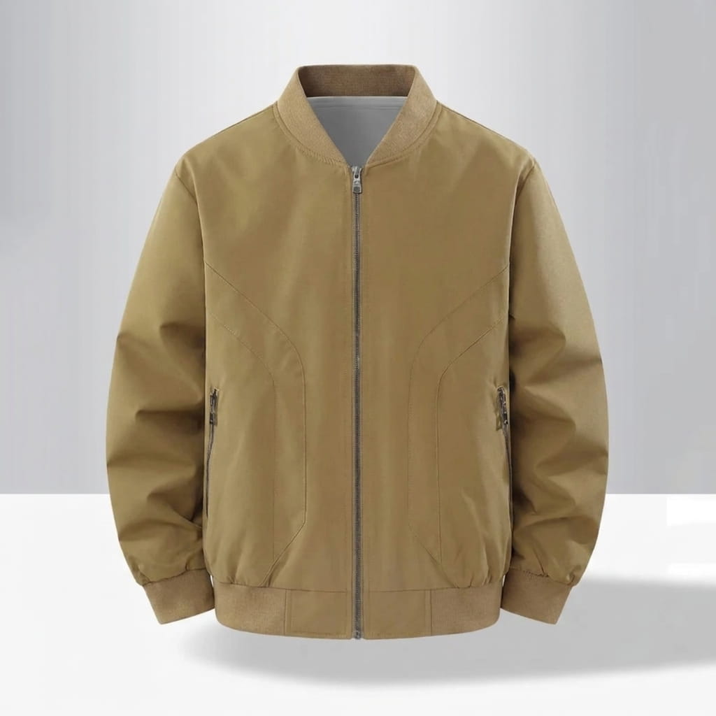 Tan bomber jacket with a ribbed collar, cuffs, hem, and full front zipper.