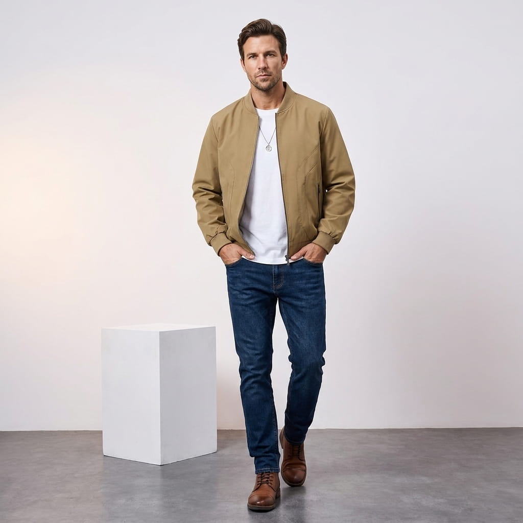 Male model wearing the tan bomber jacket with blue jeans and brown shoes.