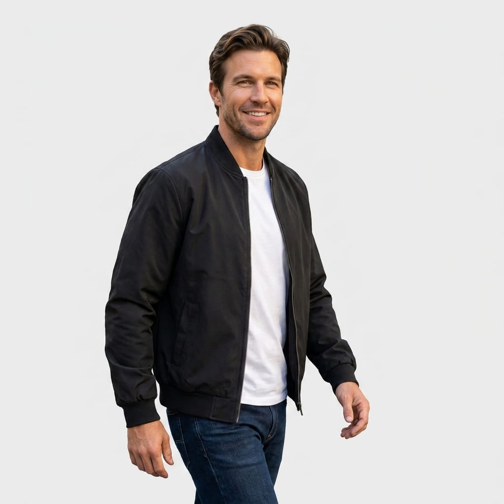 Male model wearing a black bomber jacket over a white T-shirt and blue jeans.