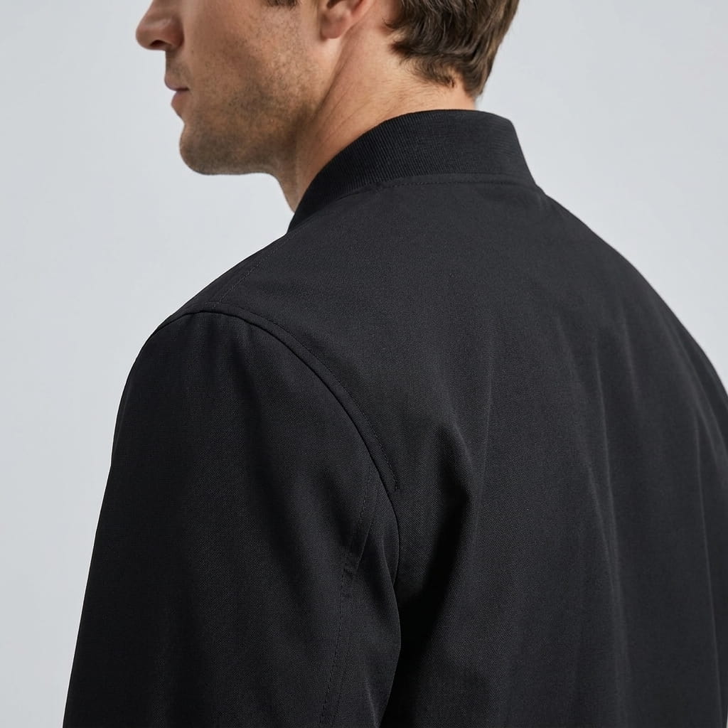 Side and back view of the black bomber jacket, showing the collar and shoulder seams.