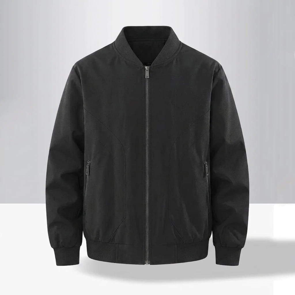 Black bomber jacket with a ribbed collar, cuffs, hem, and full front zipper.