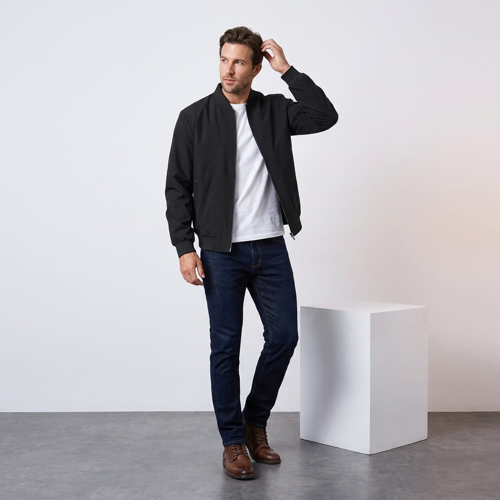 Male model wearing the black bomber jacket with blue jeans and brown shoes.