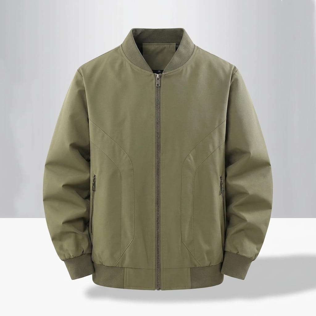 Olive green bomber jacket with a ribbed collar, cuffs, hem, and full front zipper.