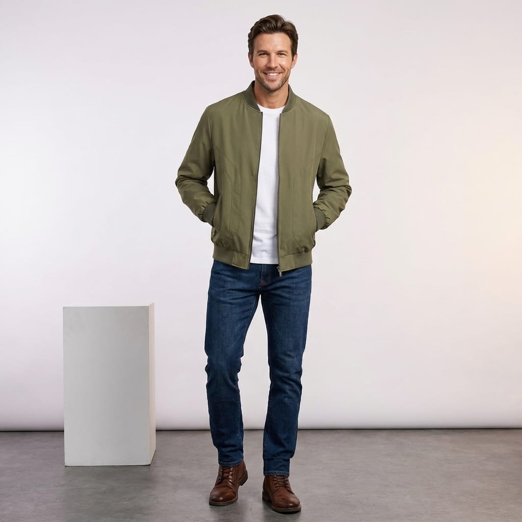 Male model wearing the olive green bomber jacket with blue jeans and brown shoes.