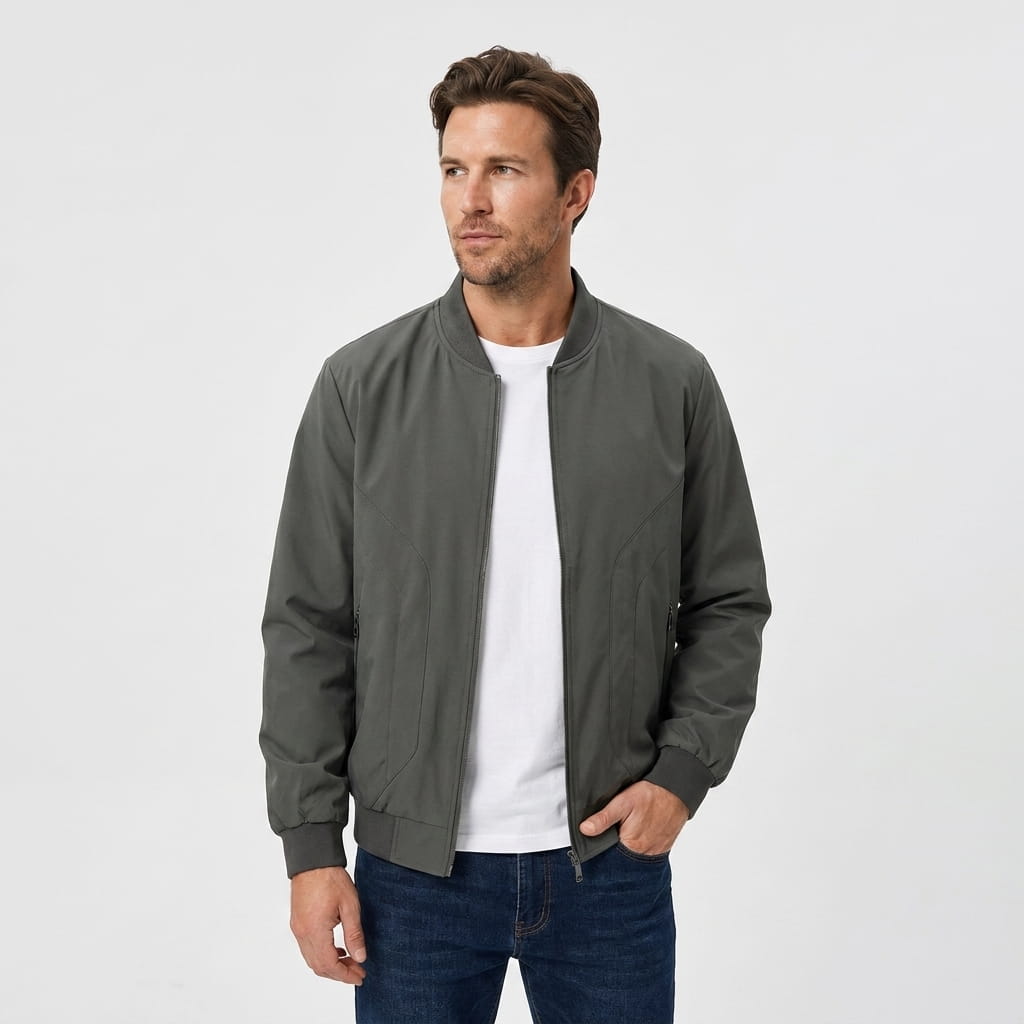 Male model wearing a dark gray bomber jacket over a white T-shirt with dark jeans.