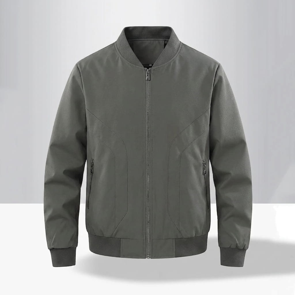 Dark gray bomber jacket with a ribbed collar, cuffs, hem, and full front zipper.