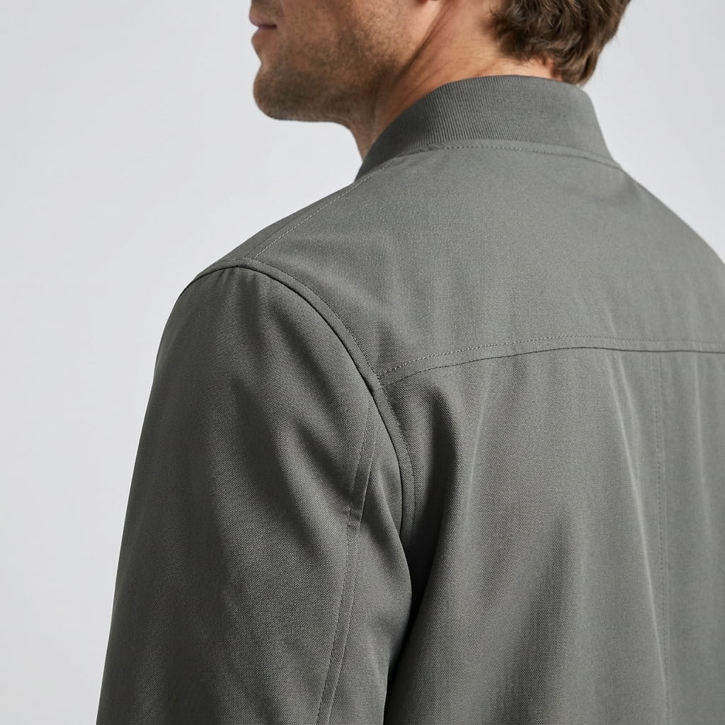 Close-up back view of the dark gray bomber jacket, showing the collar and shoulder seams.