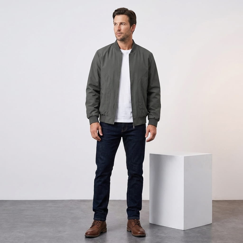 Male model wearing the dark gray bomber jacket with dark jeans and brown shoes.