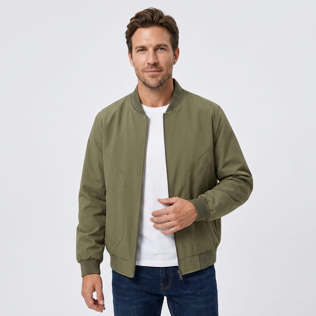 Male model wearing an olive green bomber jacket over a white T-shirt with blue jeans.