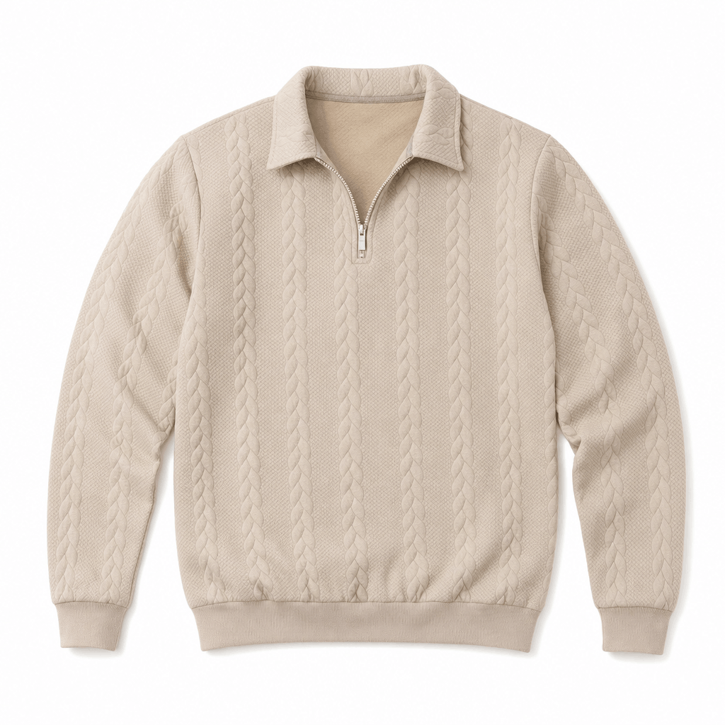 Flat product image of a light beige cable-knit quarter-zip sweater with a ribbed collar, cuffs, and hem.