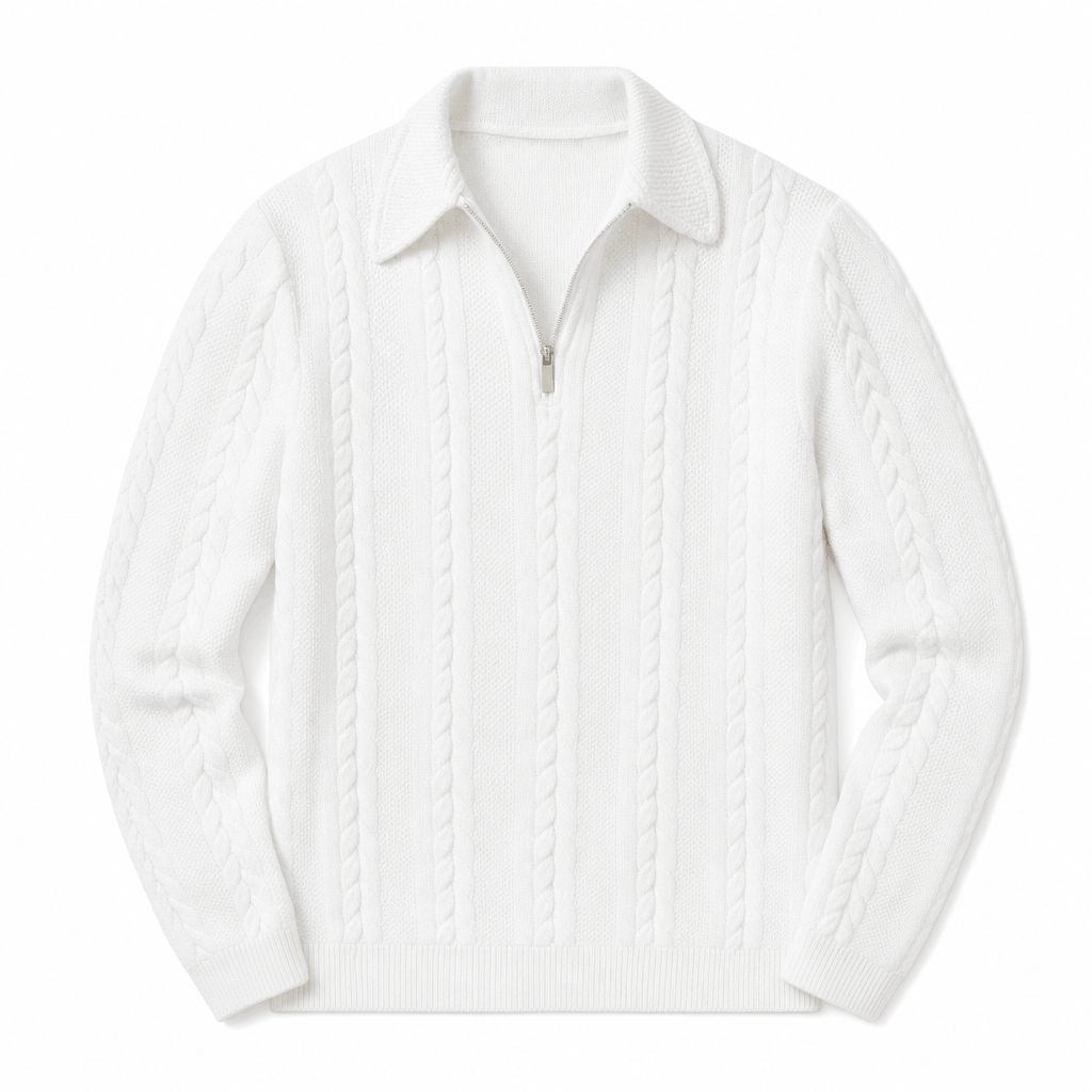 Flat product image of a white cable-knit quarter-zip sweater with a raised collar and ribbed cuffs and hem.