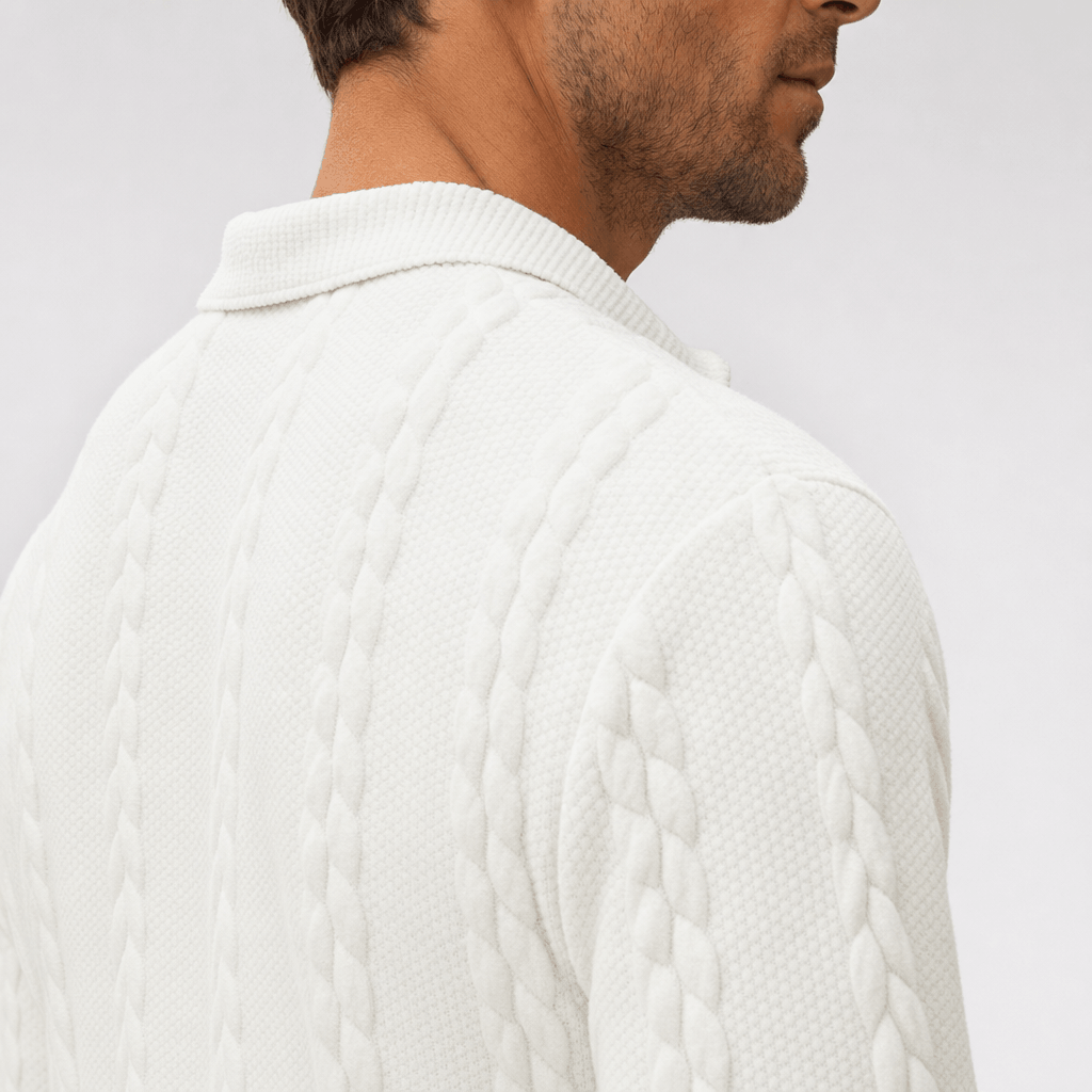 Close-up back view highlighting the white sweater's cable-knit texture and collar.