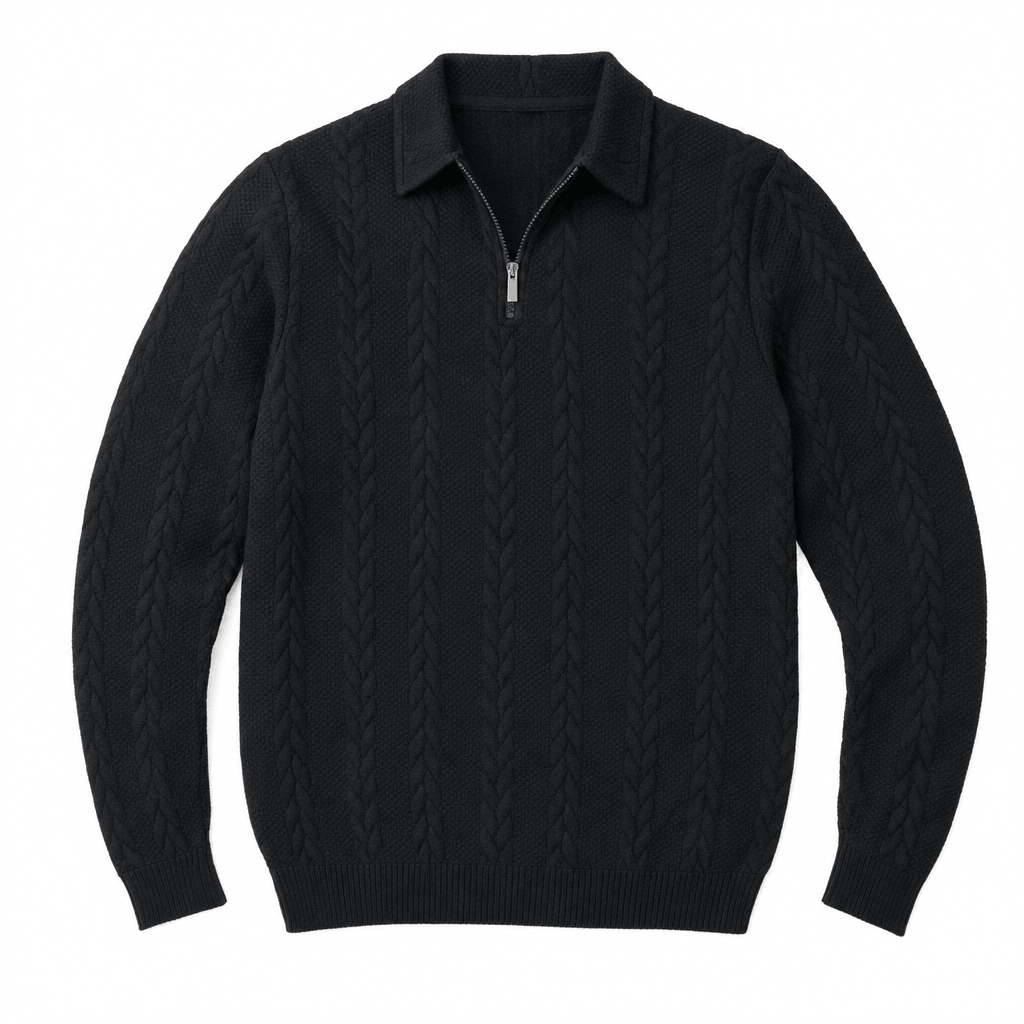 Flat product image of a black cable-knit quarter-zip sweater with a raised collar and ribbed cuffs and hem.