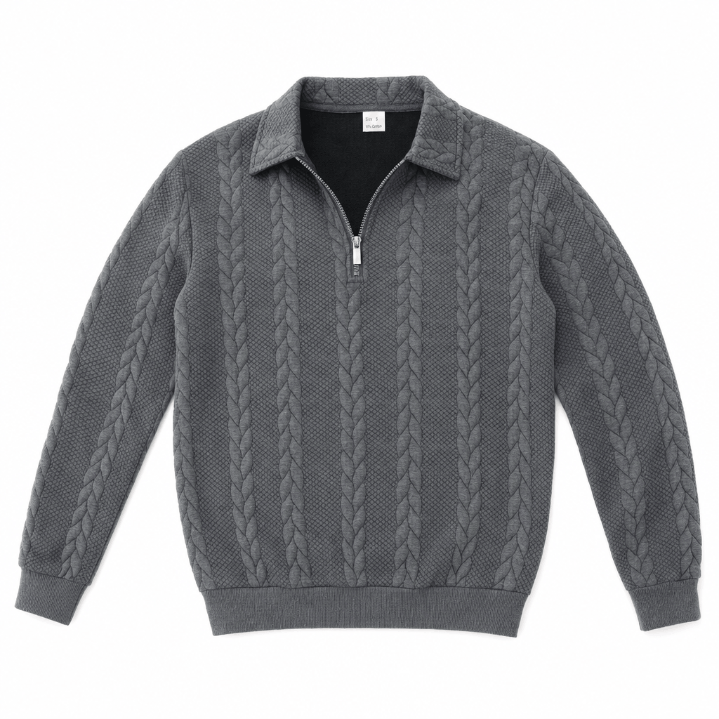 Charcoal grey cable-knit quarter-zip sweater with a structured point collar, ribbed cuffs, and textured jacquard finish.