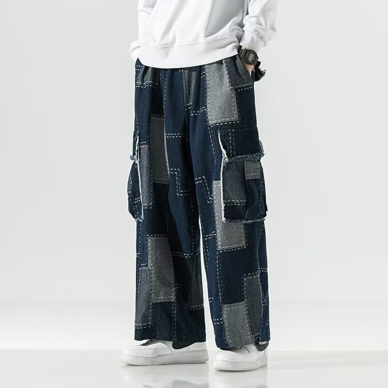 Dawson Men's Relaxed Fit Cargo Pants – Patchwork Denim with Contrast Stitching