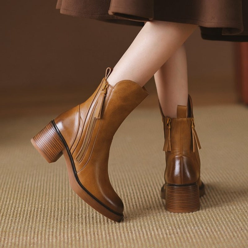 Selene Genuine Leather Ankle Boots – Low Heel Stability Cushioned Comfort