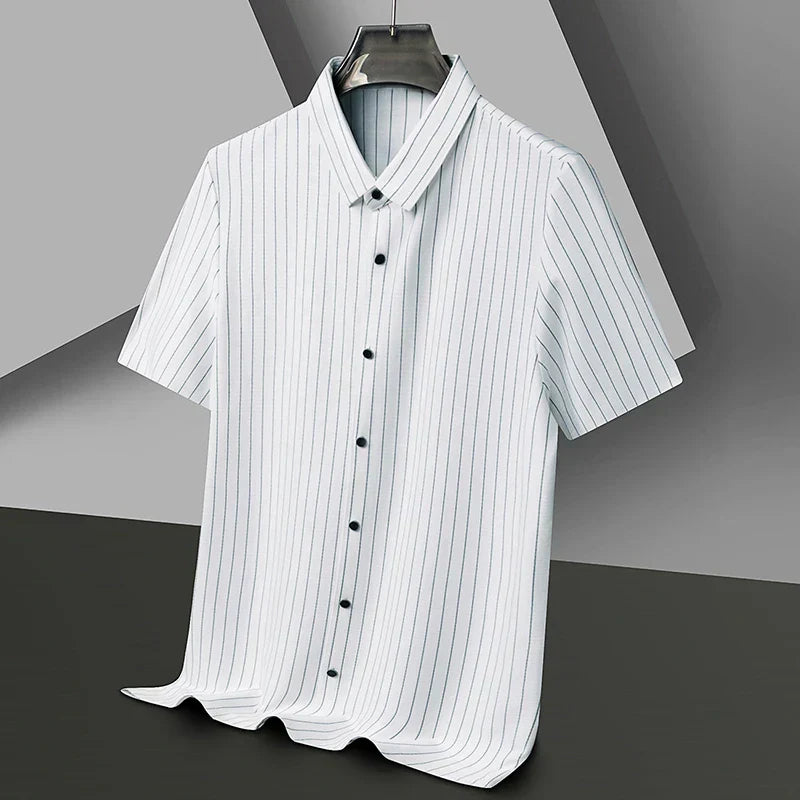 Felix Pinstripe Short-Sleeve Button-Up Shirt in Wrinkle-Resistant Stretch Fabric