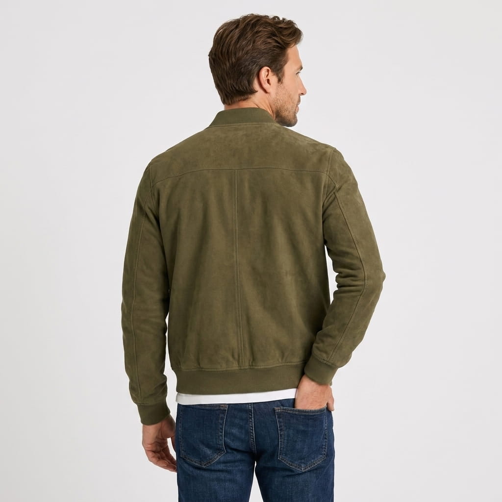 Male model wearing the olive green jacket, showing the back and shoulder seams.