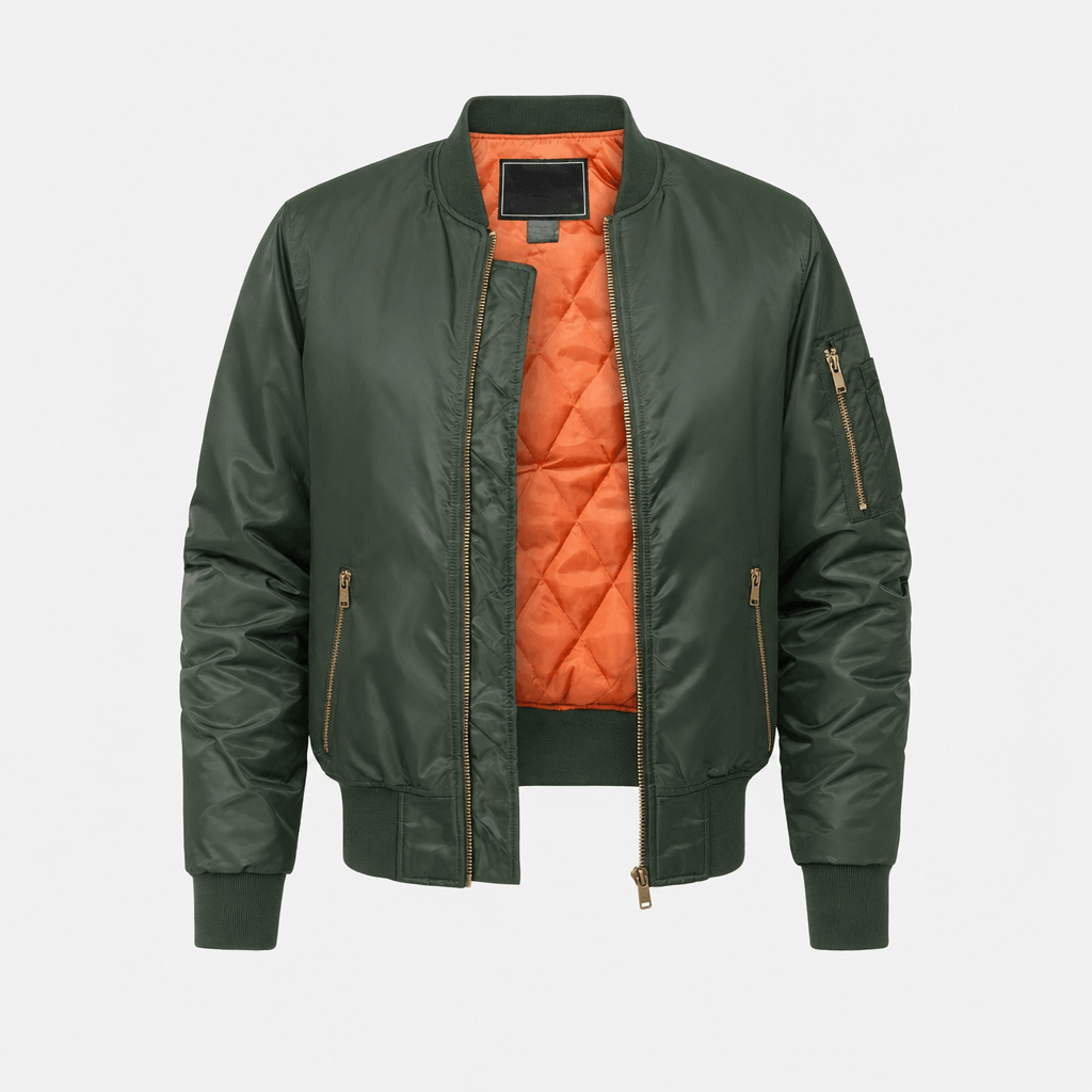 Dark green bomber jacket with ribbed cuffs and hem, zippered pockets, and bright orange quilted inner lining.