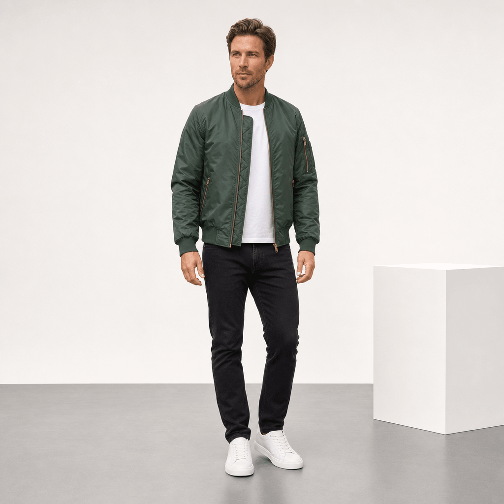 Male model wearing the dark green bomber jacket with dark pants and white sneakers.