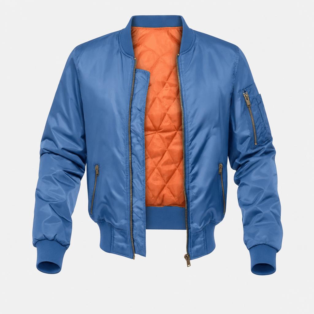 Blue bomber jacket with ribbed cuffs and hem, zippered pockets, and bright orange quilted inner lining.