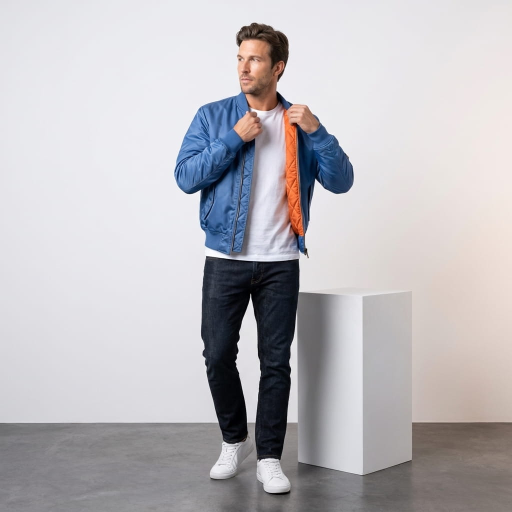Male model wearing the blue bomber jacket with dark pants and white sneakers.