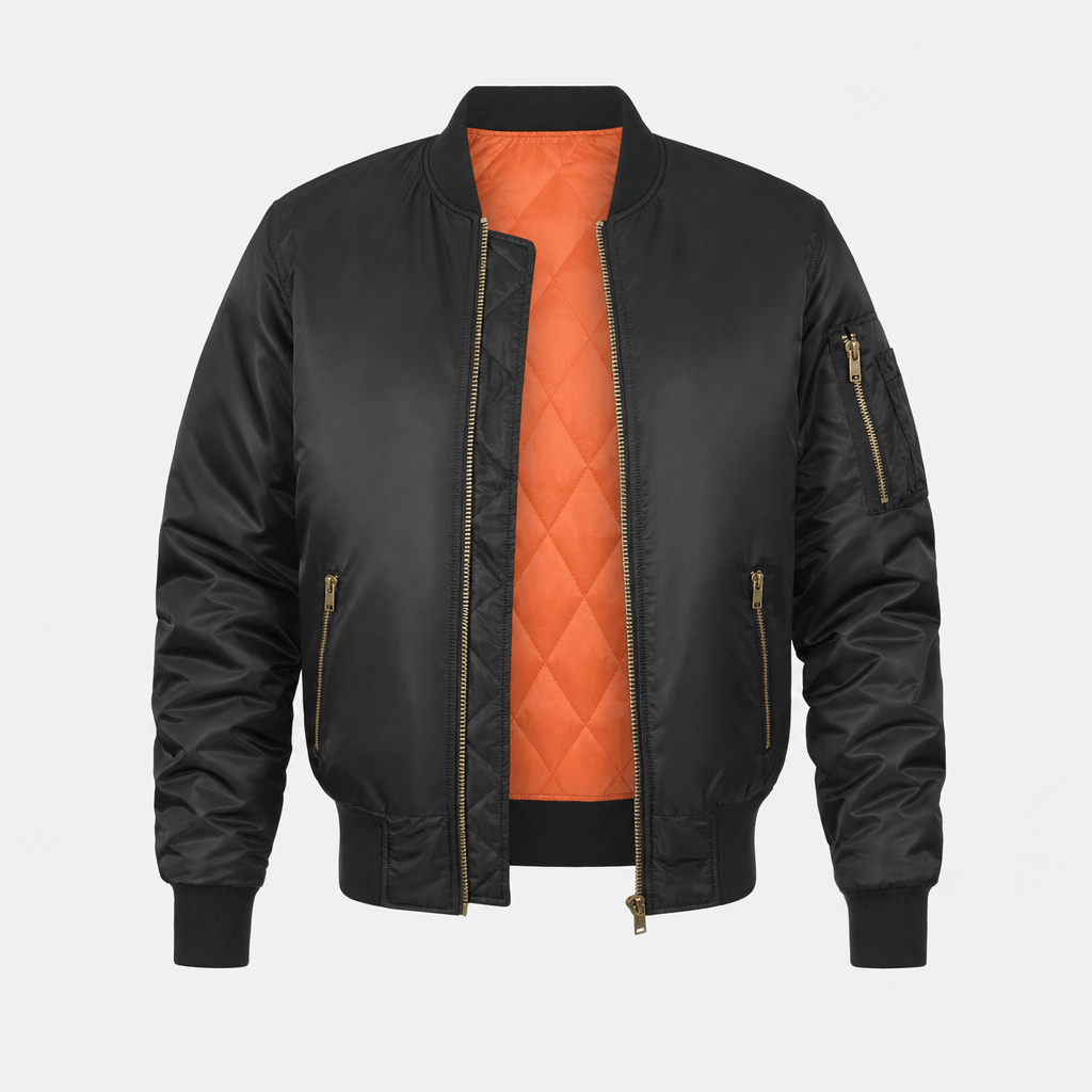 Black bomber jacket with a front zipper, ribbed cuffs and hem, zippered side pockets, and orange inner lining.