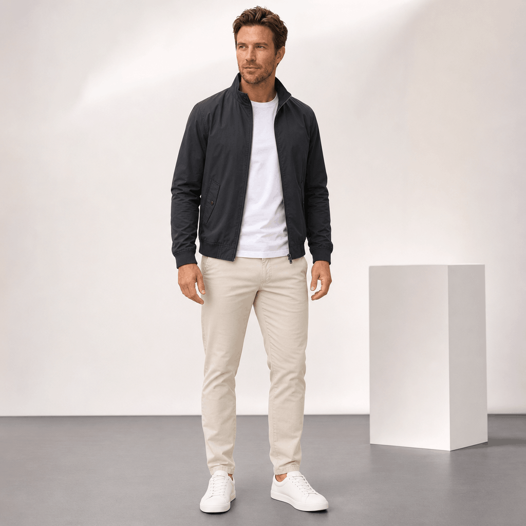 Male model wearing the black bomber jacket with light-colored pants and white sneakers.