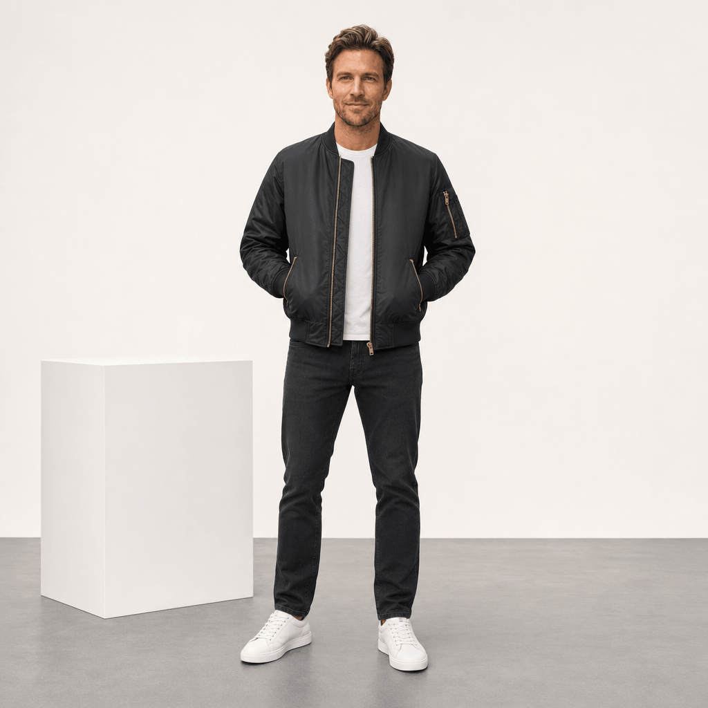 Male model wearing the black bomber jacket with dark pants and white sneakers
