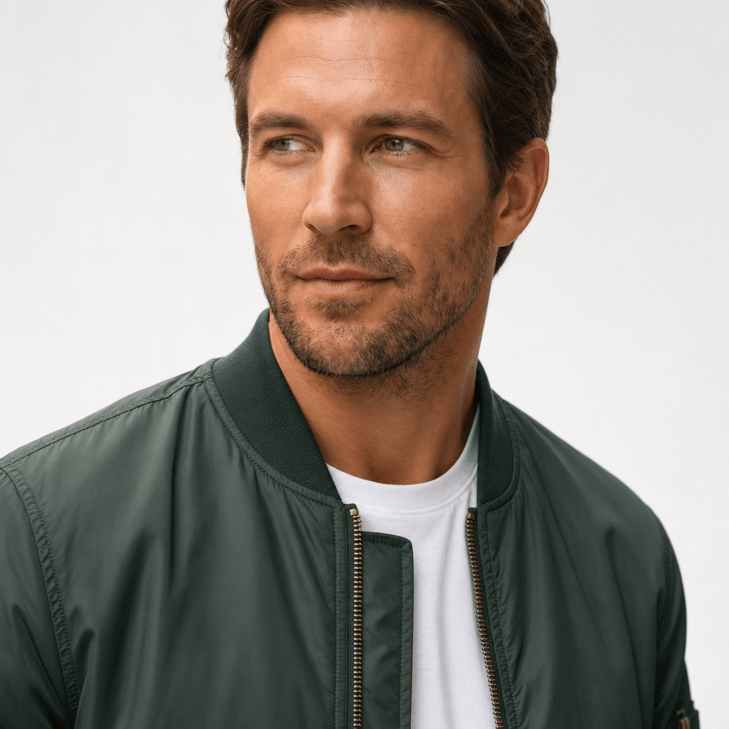 Detailed front view of the dark green bomber jacket, highlighting the collar and front zipper.