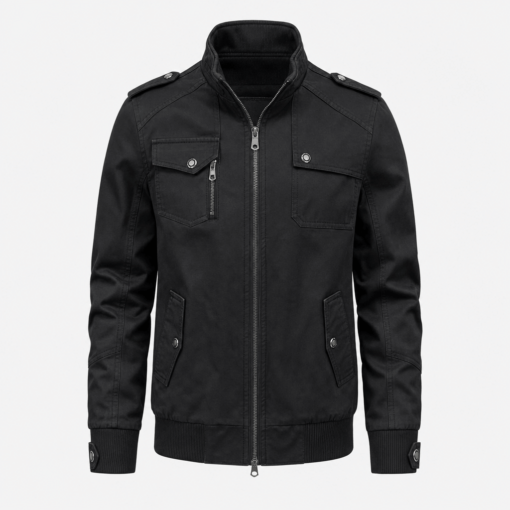 Black zip-up utility jacket with a stand collar, buttoned chest pockets, zippered side pockets, and ribbed cuffs and hem.