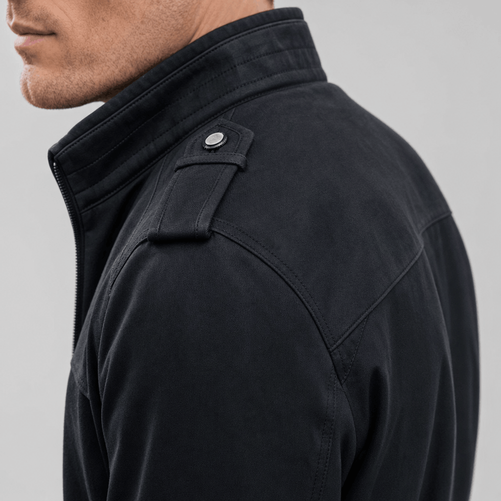 Side and back view of the black jacket, highlighting the stand collar, shoulder seam, and buttoned shoulder detail.