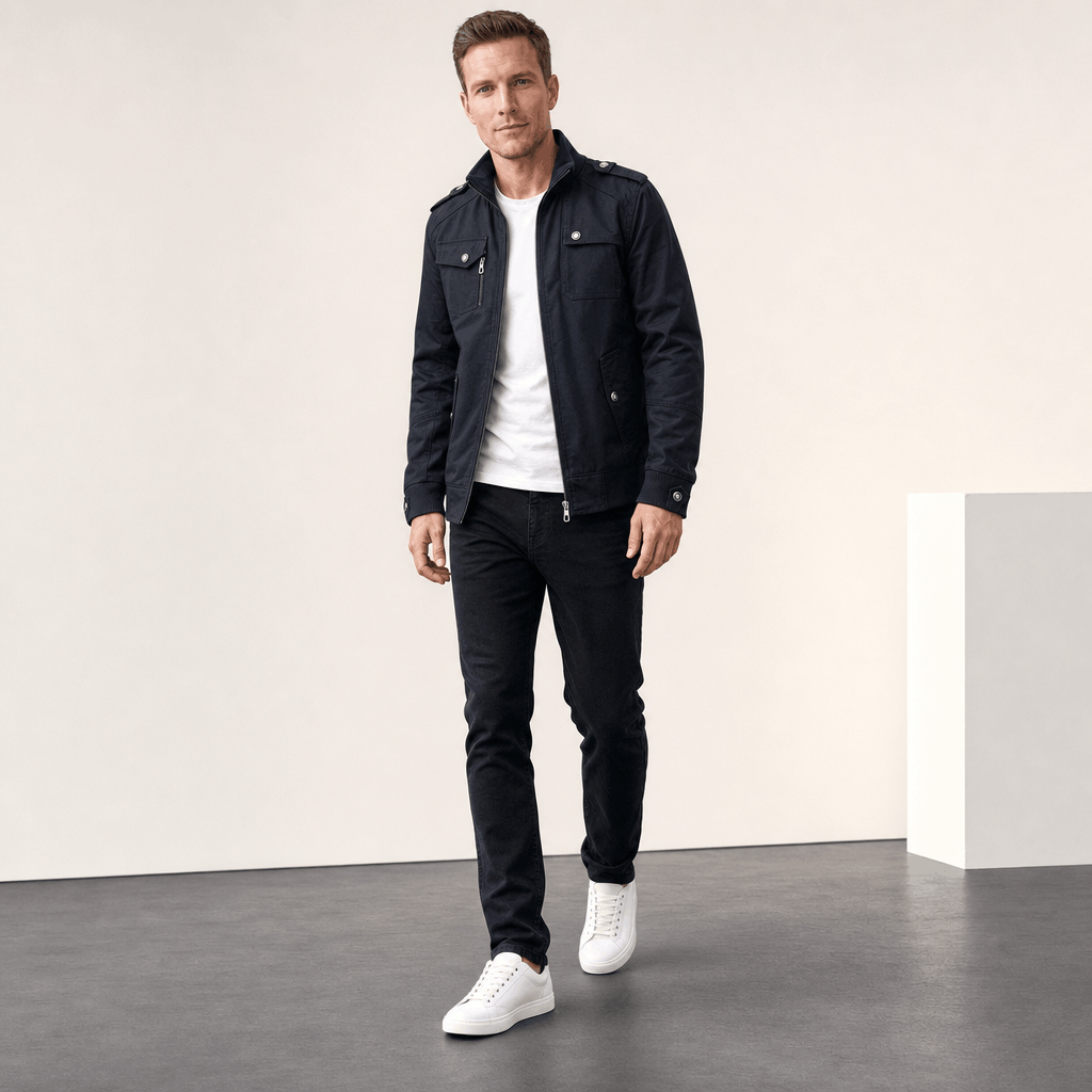 Male model wearing the black utility jacket with dark jeans and white sneakers.