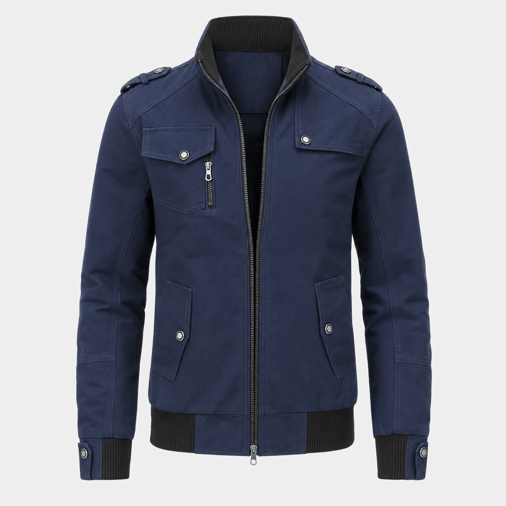 Navy blue utility jacket with a stand collar, buttoned chest pockets, full front zipper, and ribbed cuffs and hem.