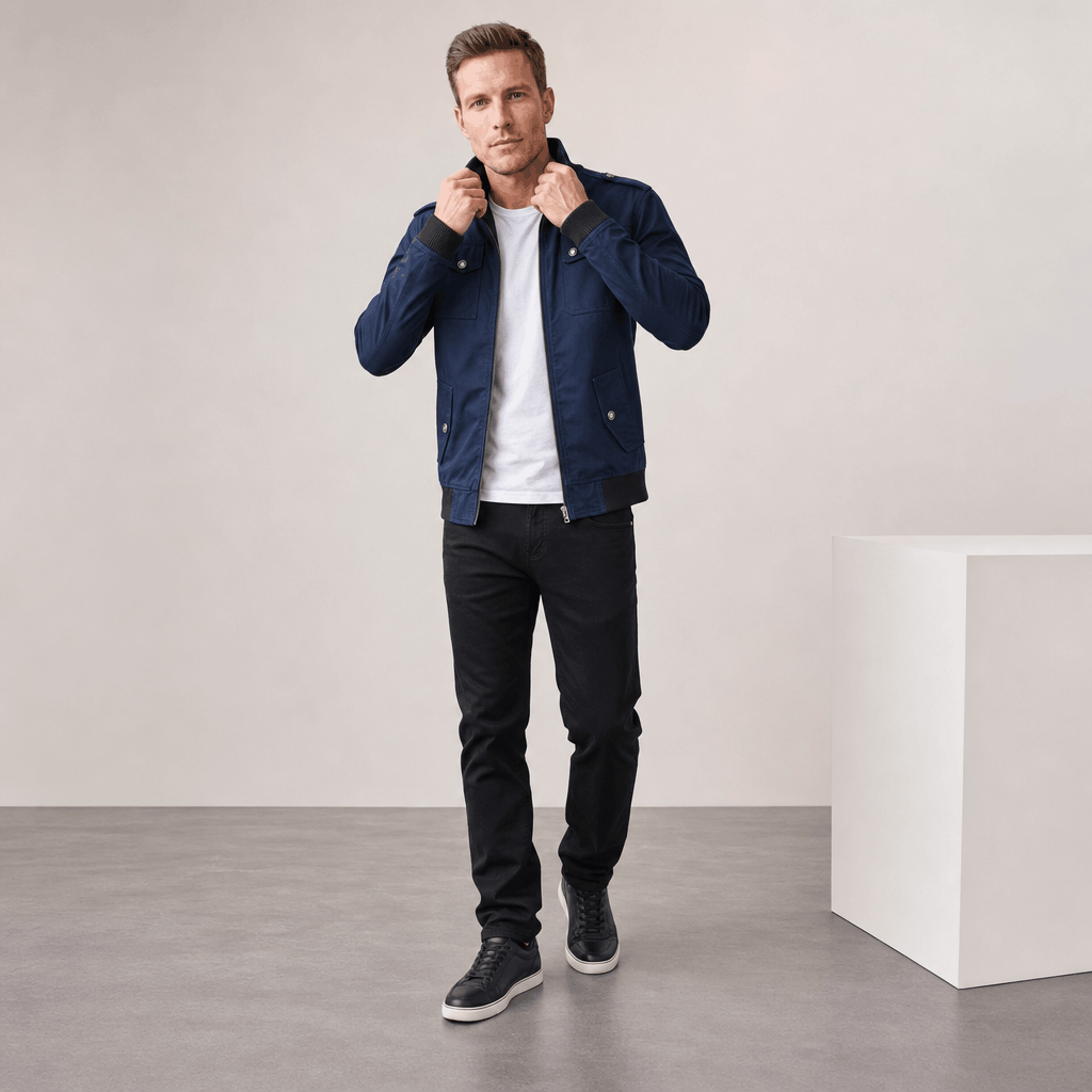 Male model wearing the navy blue utility jacket with dark jeans and white sneakers.